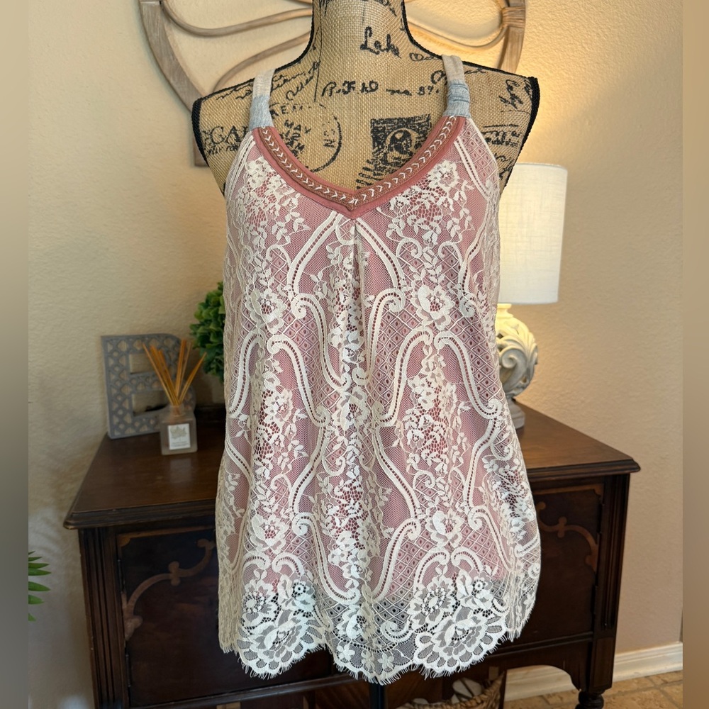 VENUS Boho Crotched Lace Cream & Multi Fabric Sleeveless Top